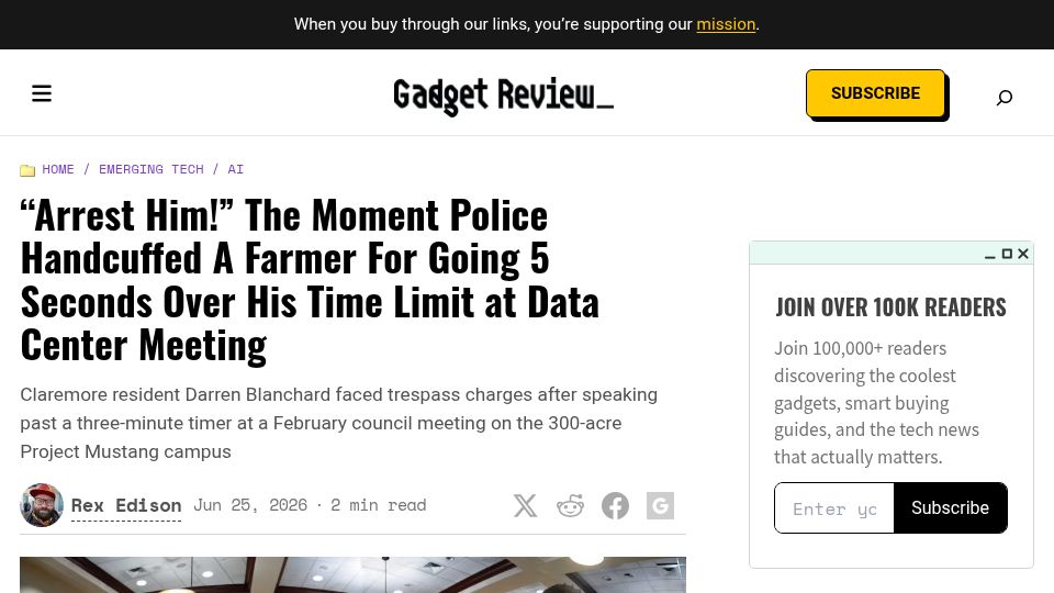 Screenshot of gadgetreview.com: A Farmer Arrested for Going 5 Seconds over His Time Limit at Data Center Meeting