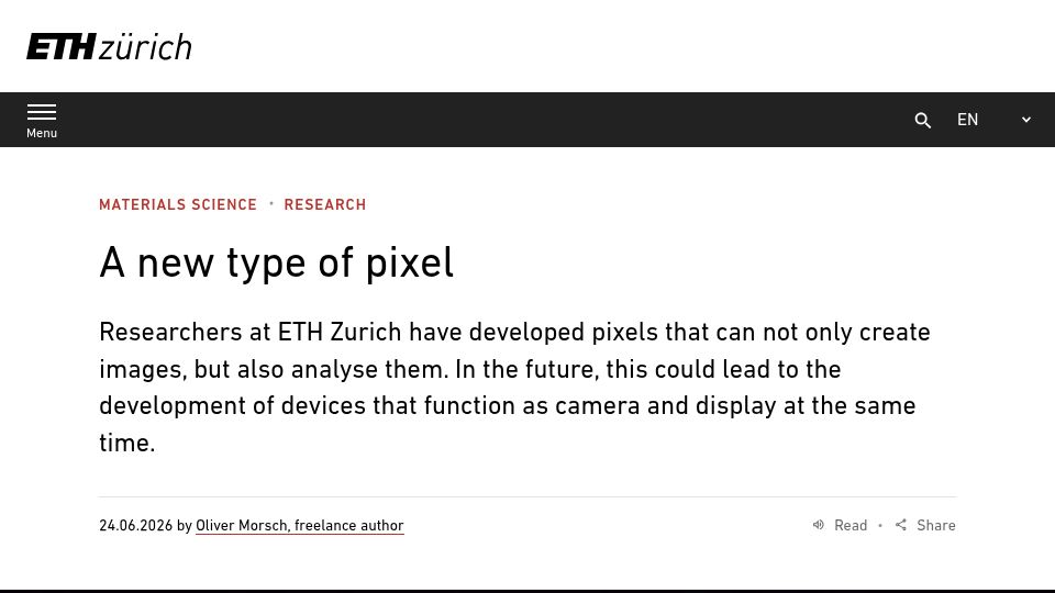 Screenshot of ethz.ch: Researchers have developed pixels that can emit and analyse light together
