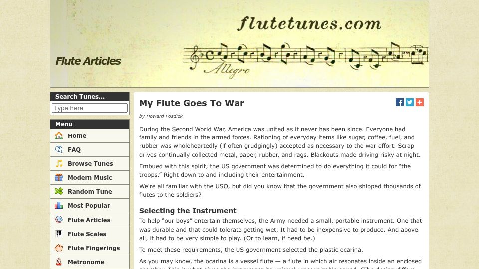Screenshot of flutetunes.com: The US Army Issued Ocarinas to Soldiers in World War II