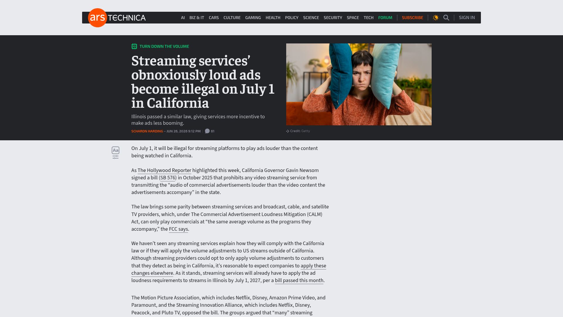 Screenshot of arstechnica.com: Streaming services' obnoxiously loud ads become illegal on July 1 in California