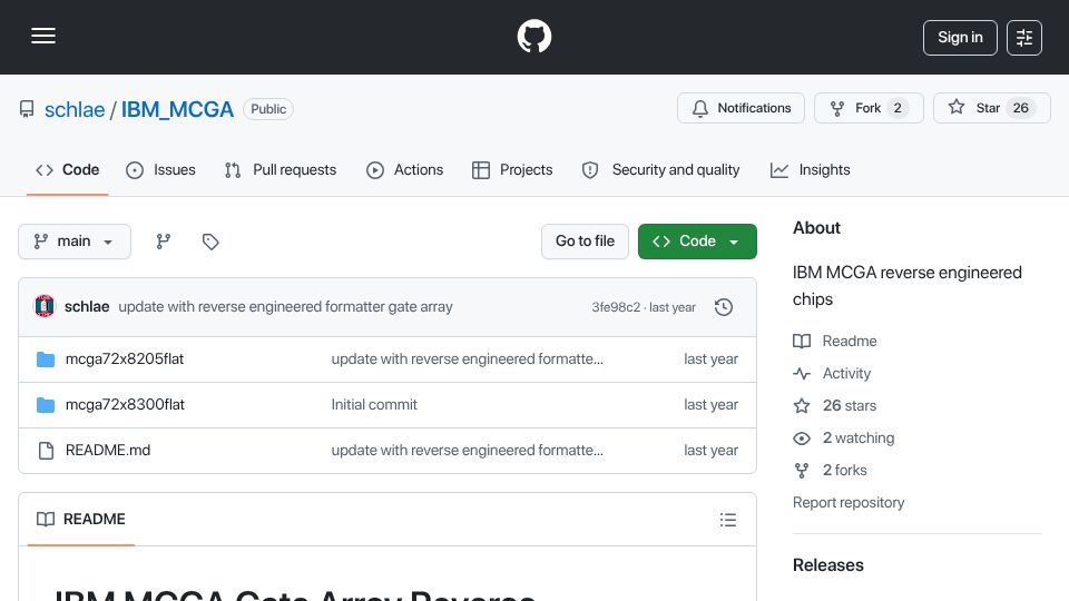 Screenshot of github.com: IBM MCGA Gate Array Reverse Engineering