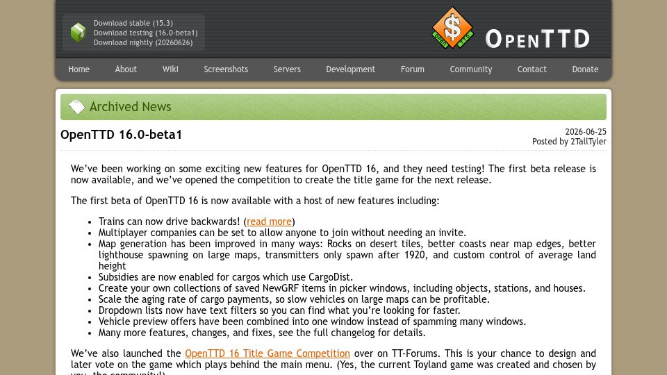Screenshot of openttd.org: OpenTTD 16.0-Beta1