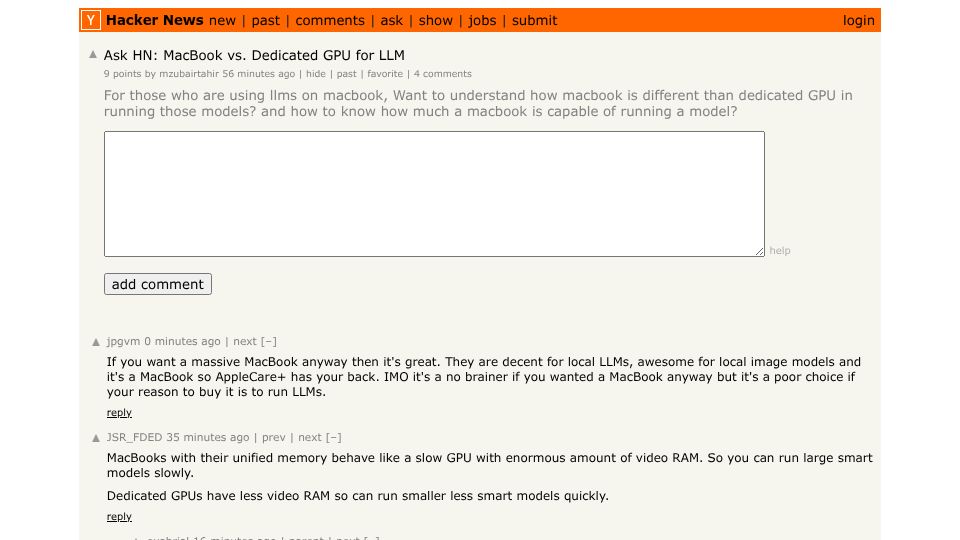 Screenshot of Hacker News post: Ask HN: MacBook vs. Dedicated GPU for LLM