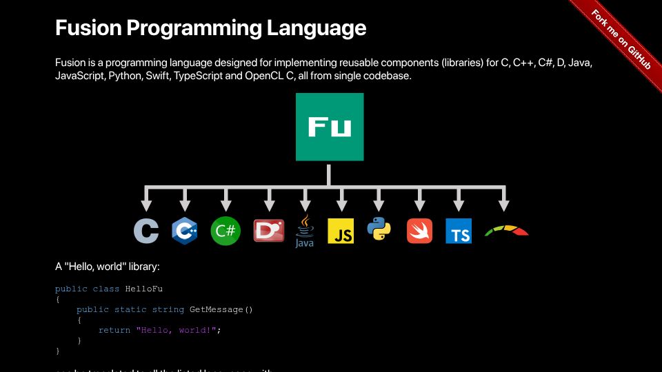 Screenshot of fusion-lang.org: Fusion Programming Language