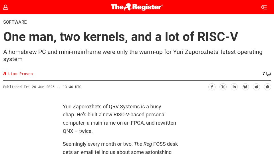 Screenshot of theregister.com: One man, two kernels, and a lot of RISC-V
