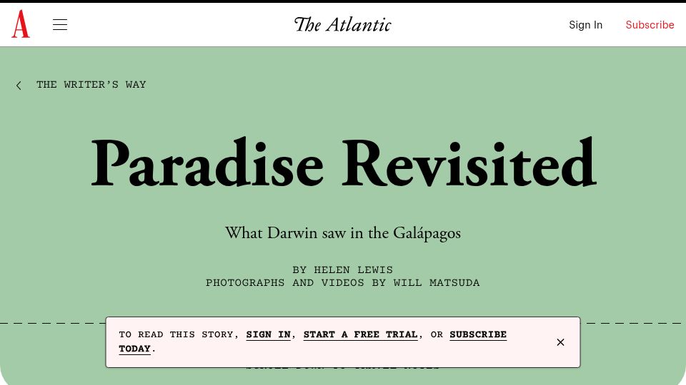 Screenshot of theatlantic.com: Paradise Revisited: What Darwin Saw in the Galápagos