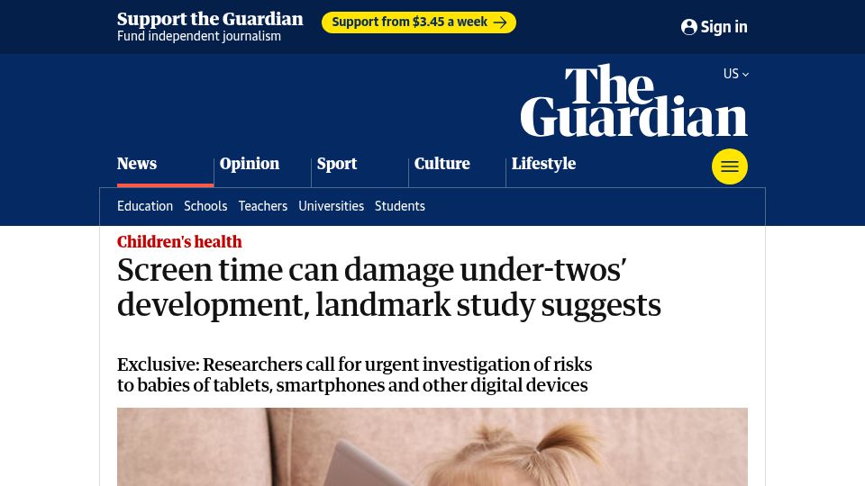 Screenshot of theguardian.com: Screen time can damage under-twos' development, landmark study suggests