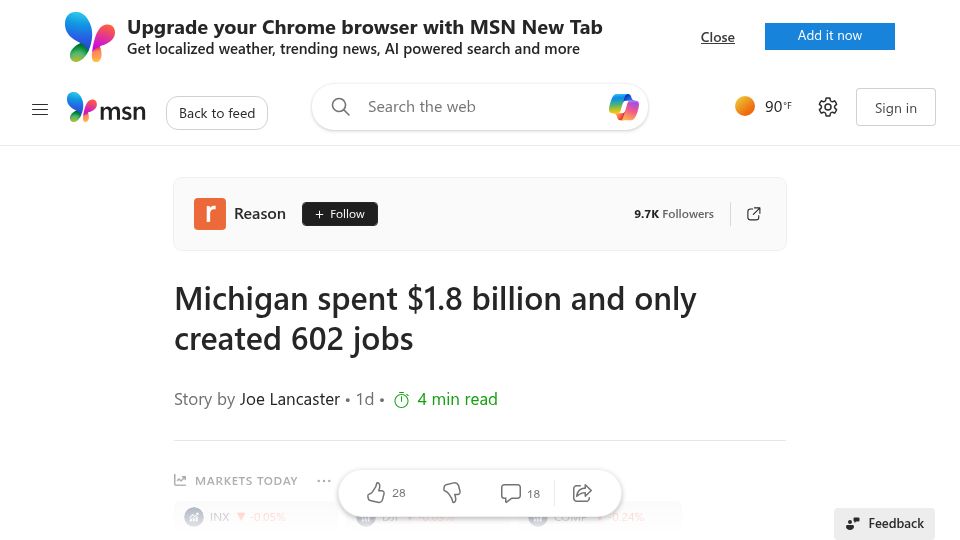 Screenshot of msn.com: Michigan spent $1.8B and only created 602 jobs
