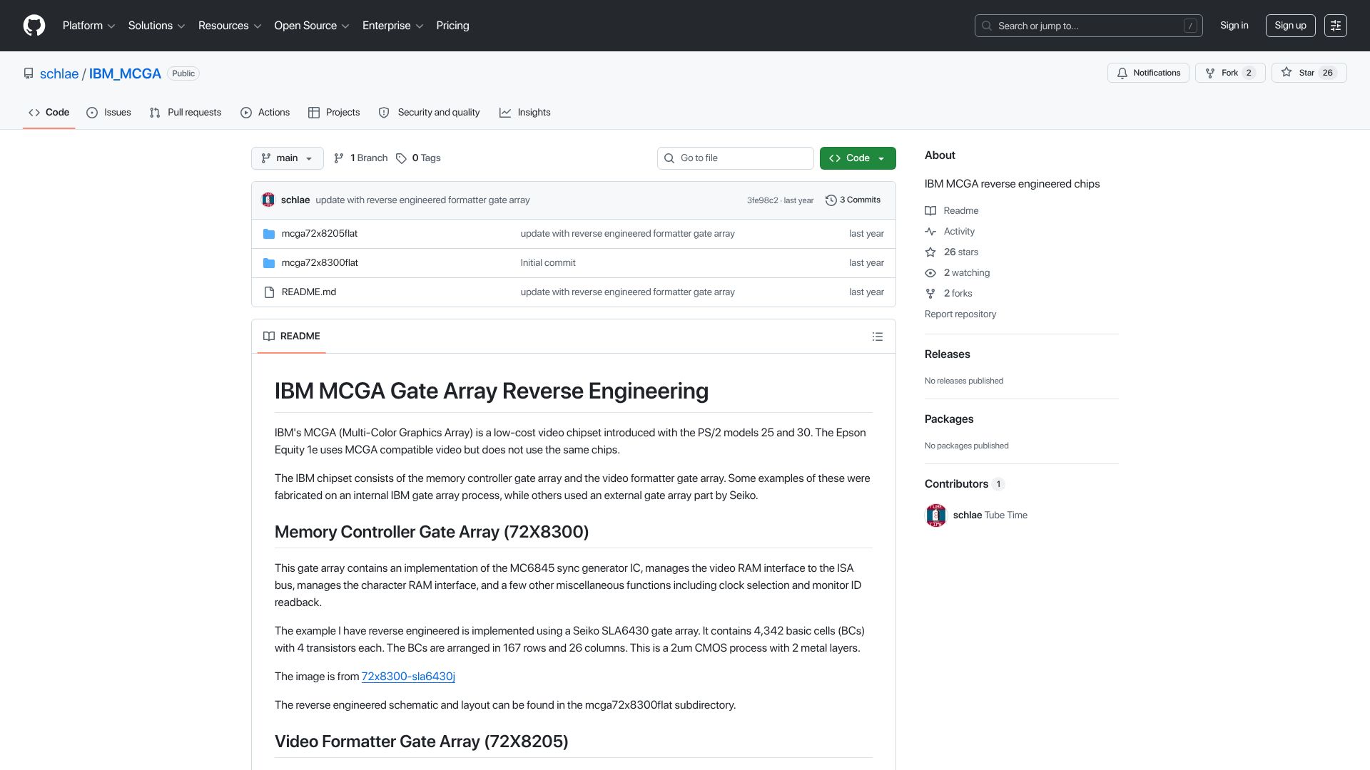 Screenshot of github.com: IBM MCGA Gate Array Reverse Engineering