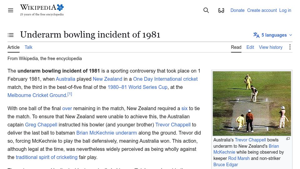 Screenshot of en.wikipedia.org: Underarm bowling incident of 1981