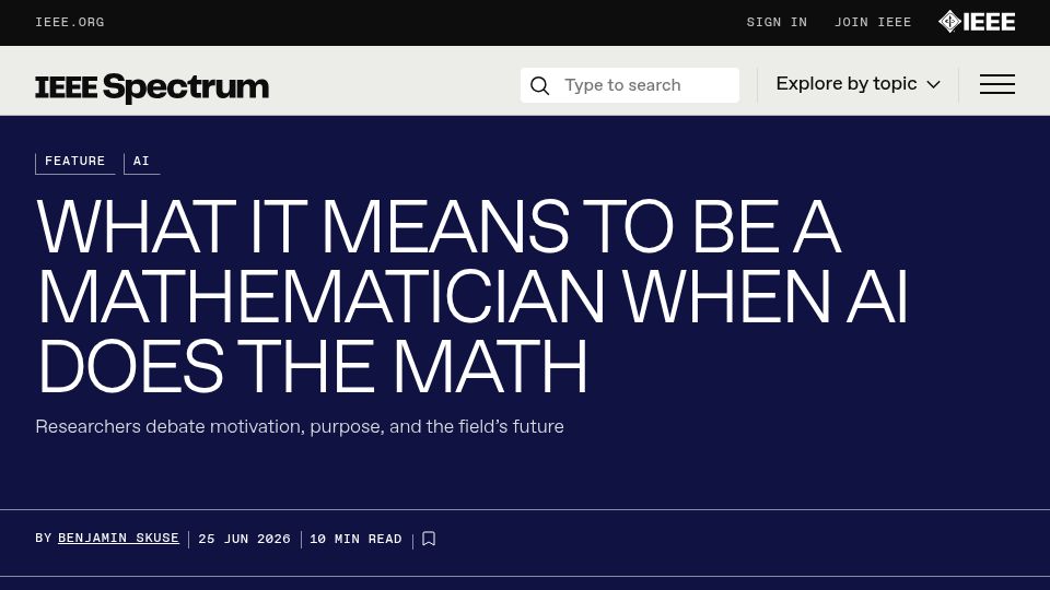 Screenshot of spectrum.ieee.org: AI in mathematics is forcing big questions