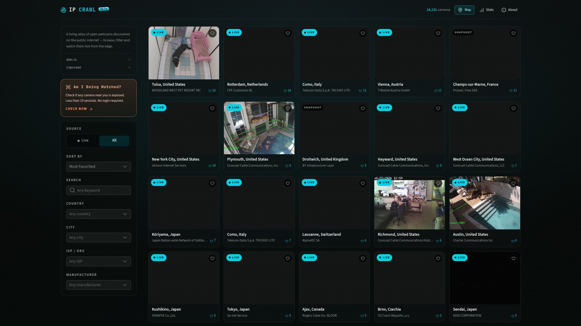 Screenshot of ipcrawl.com: IP Crawl: Living atlas of open webcams discovered on the public internet
