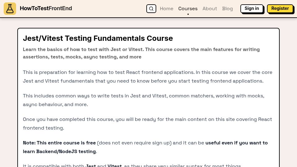 Screenshot of howtotestfrontend.com: Jest/Vitest interactive course (runs in the browser)