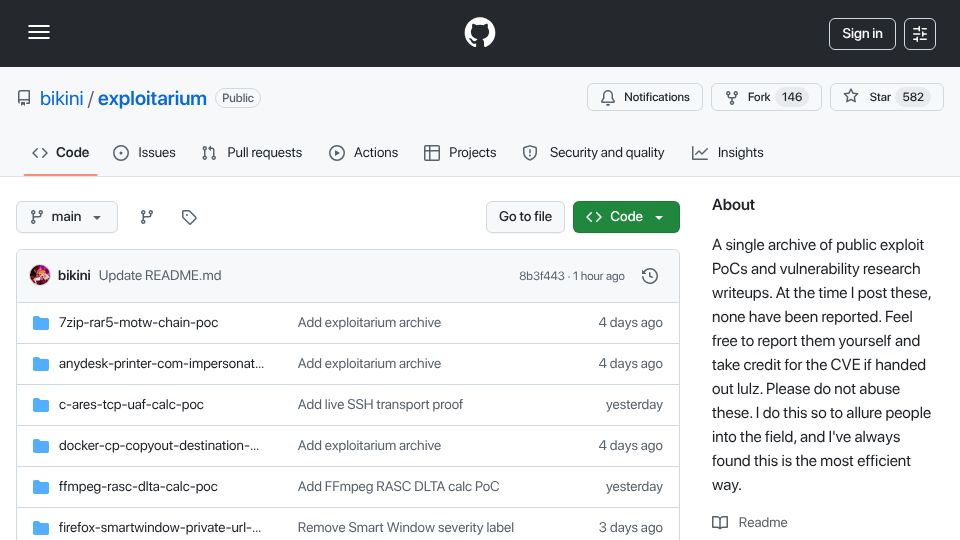 Screenshot of github.com: Anonymous GitHub account mass-dropping undisclosed 0-days