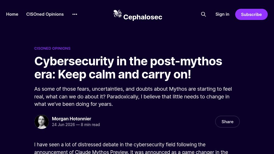 Screenshot of cephalosec.com: Post-Mythos Cybersecurity: Keep calm and carry on