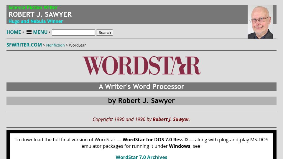 Screenshot of sfwriter.com: WordStar: A Writer's Word Processor (1996)