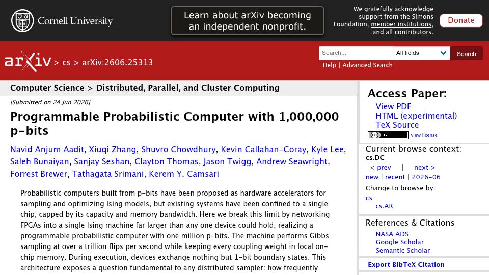 Screenshot of arxiv.org: Programmable Probabilistic Computer with 1M p-bits