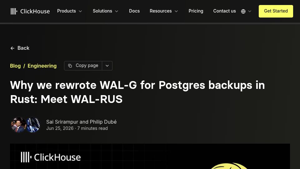Screenshot of clickhouse.com: WAL-RUS: a Rust Rewrite of WAL-G for PostgreSQL Backups