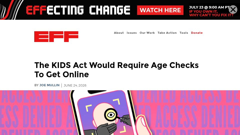 Screenshot of eff.org: The KIDS Act would require age checks to get online