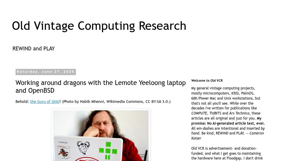 Screenshot of oldvcr.blogspot.com: Working around dragons with the Lemote Yeeloong laptop and OpenBSD