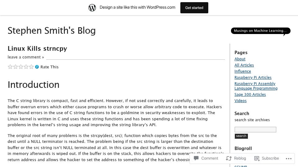 Screenshot of smist08.wordpress.com: 6 years and 360 patches to clean all instances of strnpy out of the Linux kernel