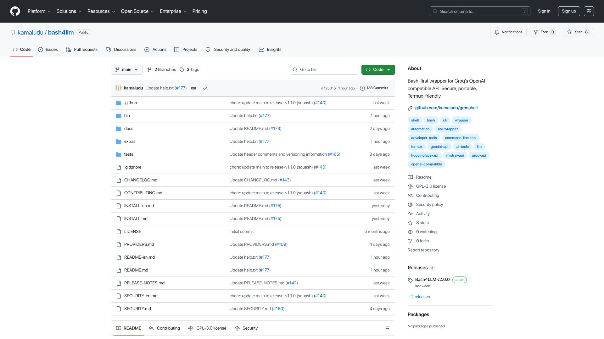 Screenshot of github.com: Show HN: Bash4LLM+ – A lightweight, dependency-free Bash wrapper for LLM APIs