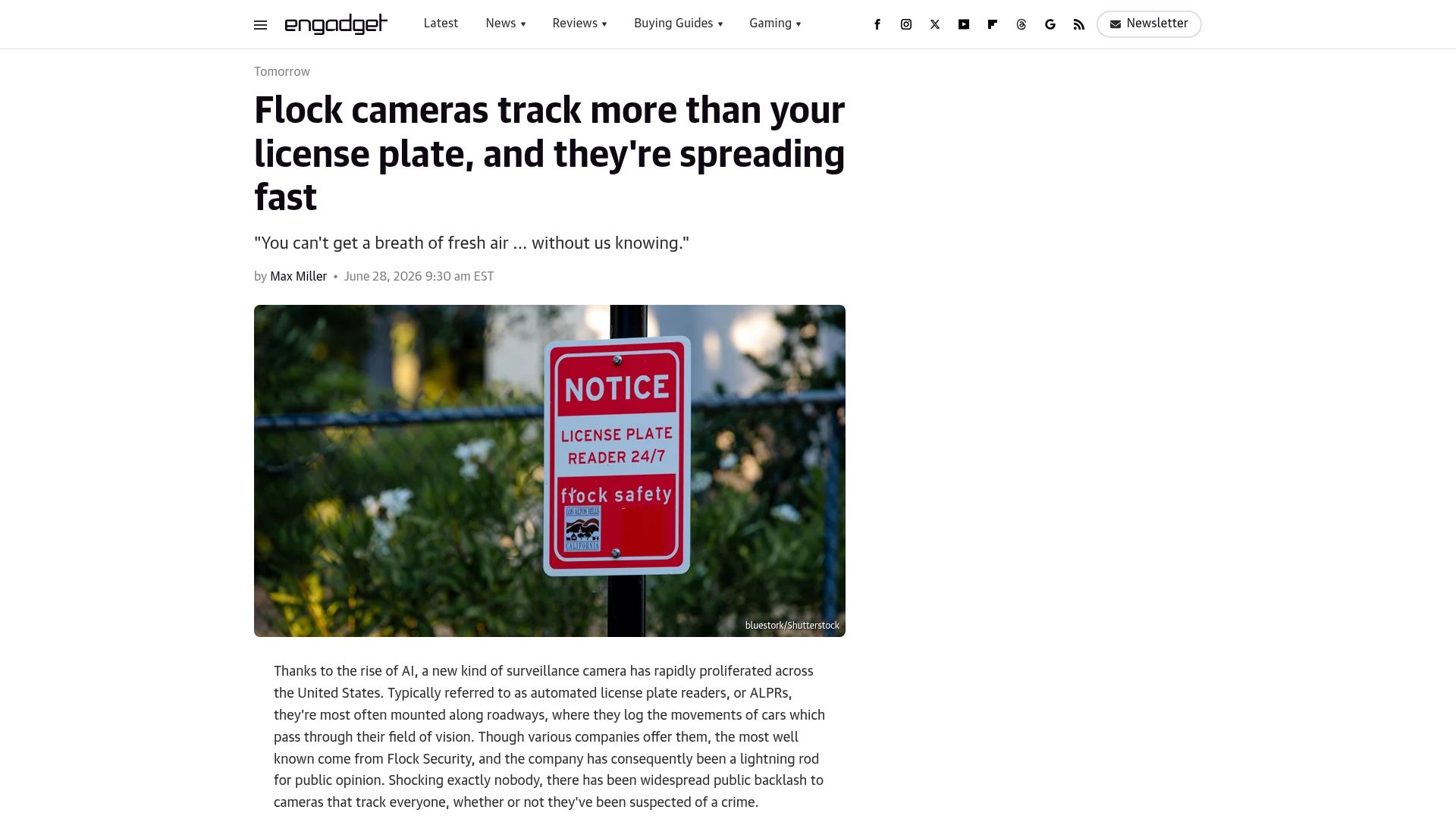 Screenshot of engadget.com: Flock cameras track more than your license plate, and they're spreading fast