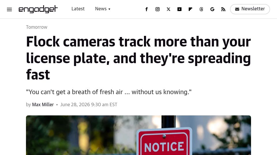Screenshot of engadget.com: Flock cameras track more than your license plate, and they're spreading fast