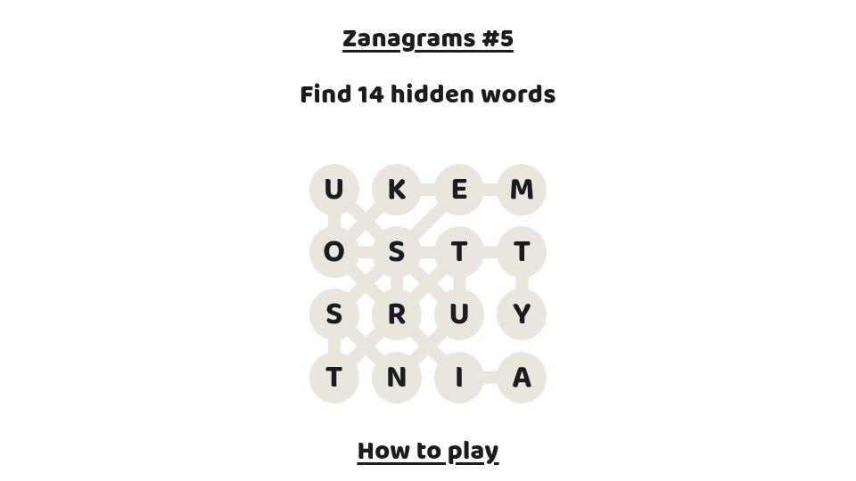 Screenshot of zanagrams.com: Show HN: Zanagrams