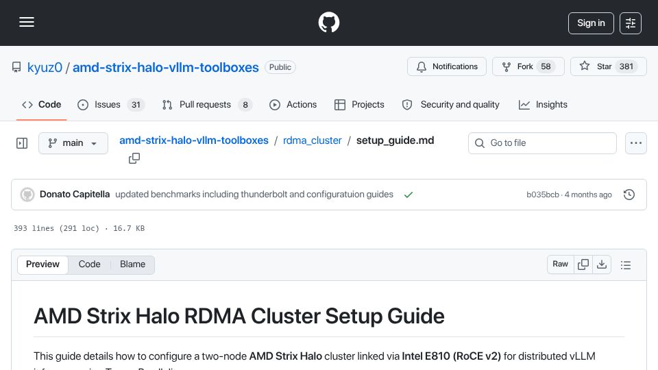 Screenshot of github.com: AMD Strix Halo RDMA Cluster Setup Guide