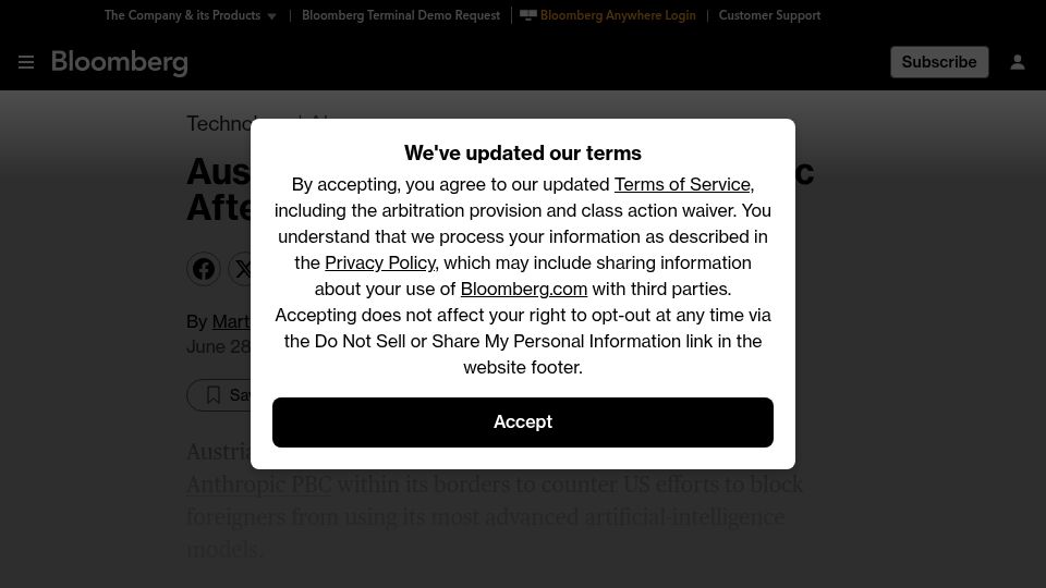 Screenshot of bloomberg.com: Austria Lobbies EU to Host Anthropic After US Access Curbs