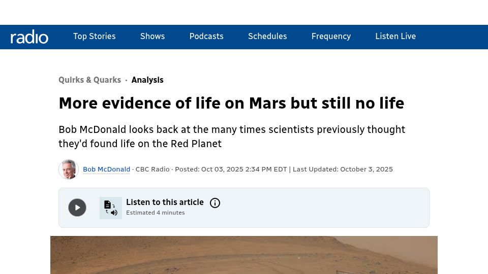 Screenshot of cbc.ca: More evidence is consistent with possible ancient life on Mars (2025)