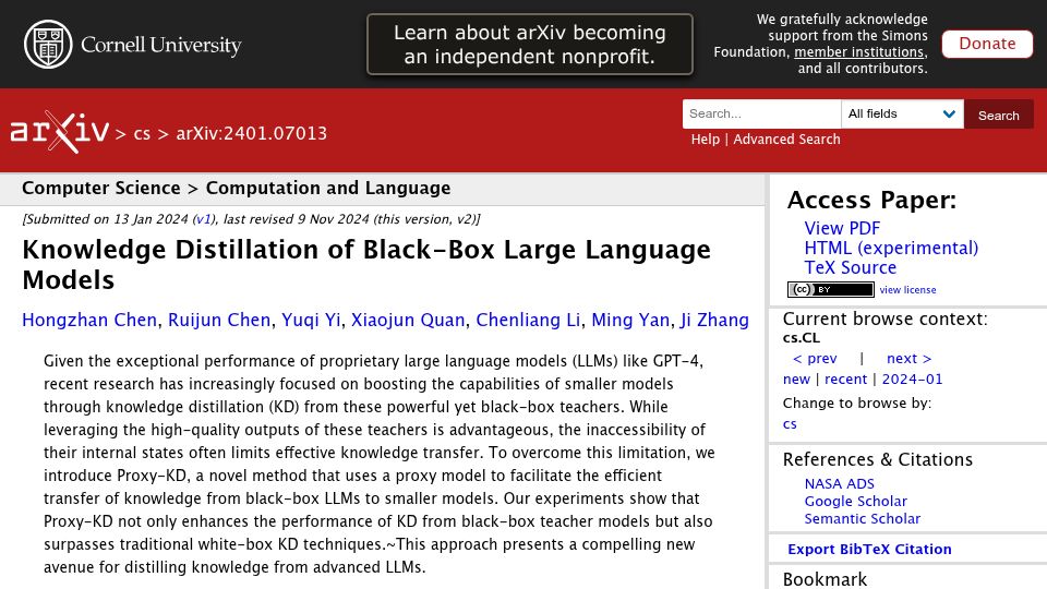 Screenshot of arxiv.org: Knowledge Distillation of Black-Box Large Language Models (2024)