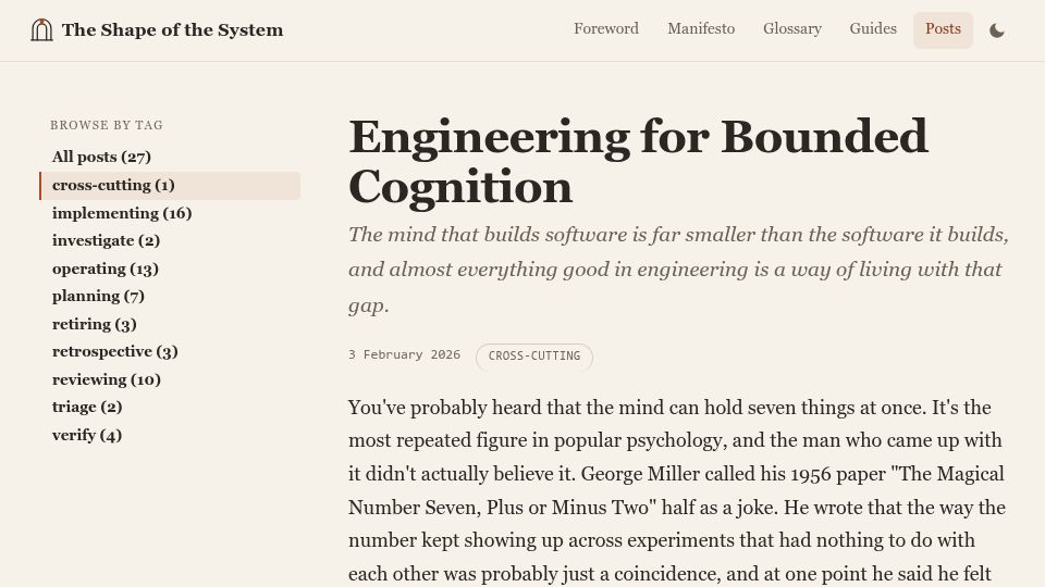 Screenshot of shapeofthesystem.com: Engineering for Bounded Cognition