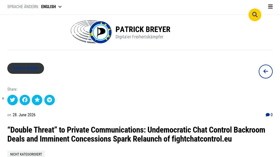 Screenshot of patrick-breyer.de: EU to legislate about Chat Control behind closed doors