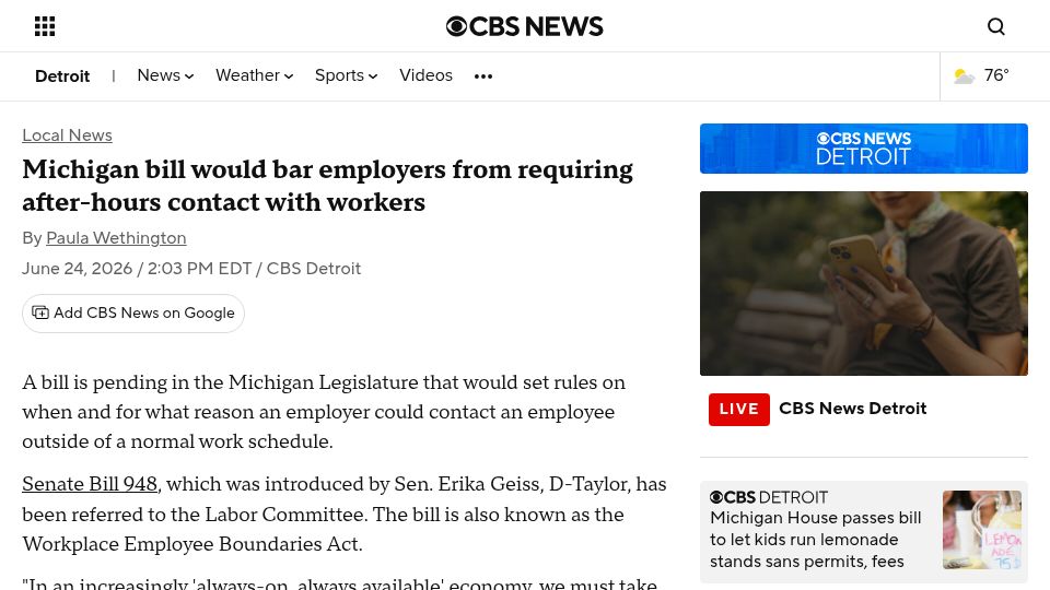 Screenshot of cbsnews.com: Michigan bill would bar employers from requiring after-hours coms with workers