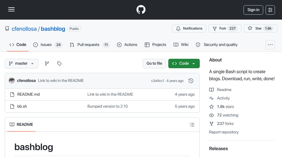 Screenshot of github.com: Bashblog – a single bash script to create blogs