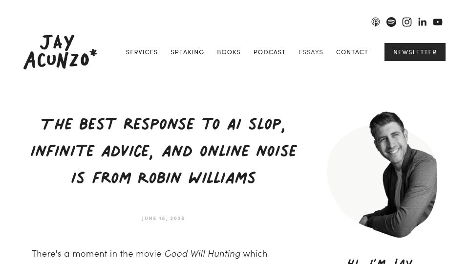 Screenshot of jayacunzo.com: The best response to AI slop and online noise is from Robin Williams