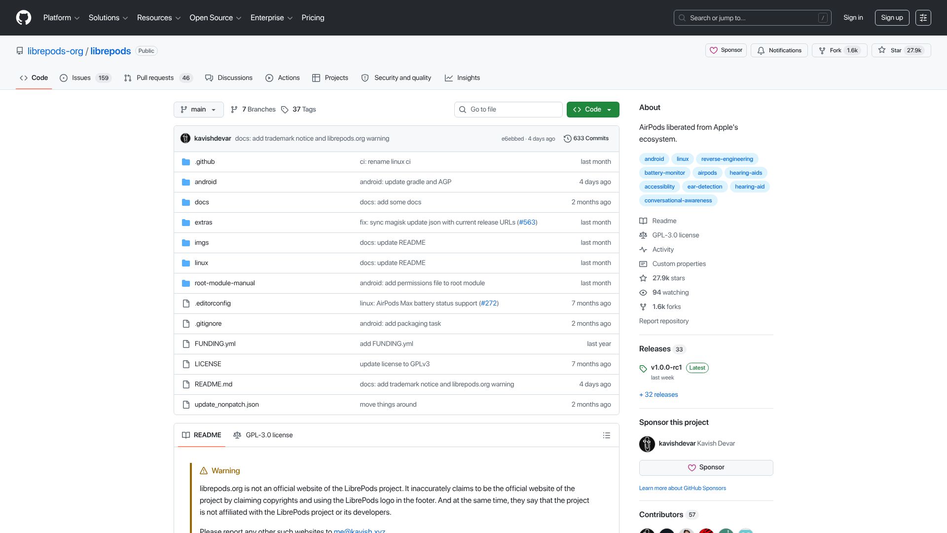 Screenshot of github.com: Librepods: AirPods liberated