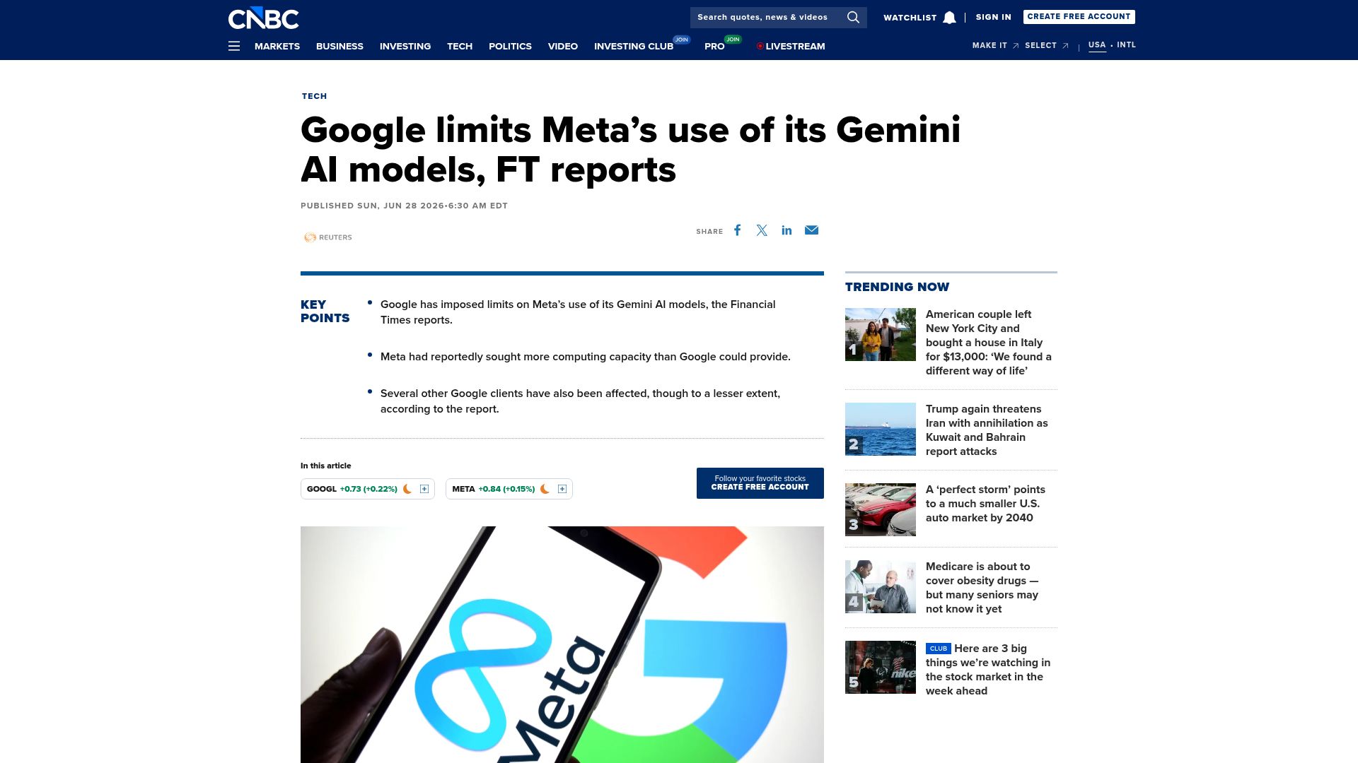 Screenshot of cnbc.com: Google limits Meta's use of its Gemini AI models