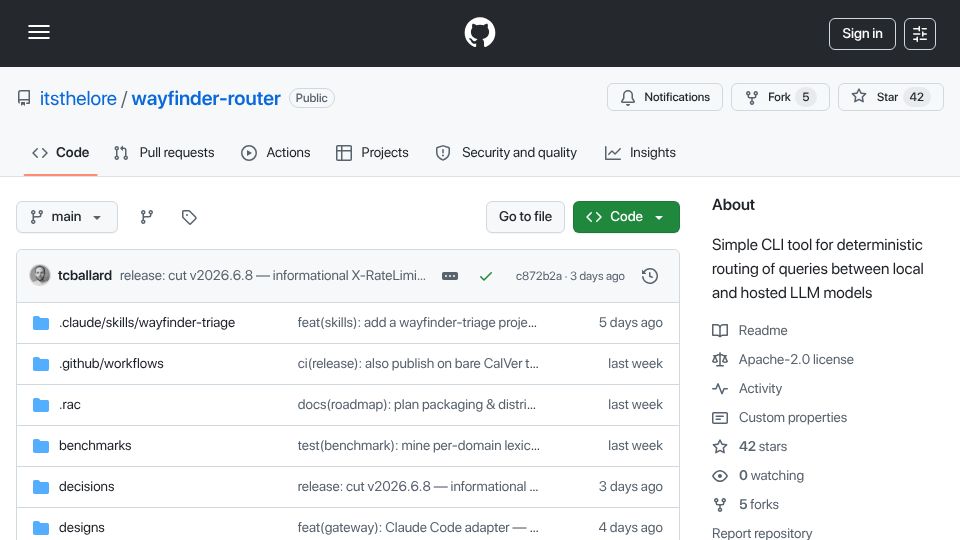 Screenshot of github.com: Wayfinder Router: deterministic routing of queries between local and hosted LLM