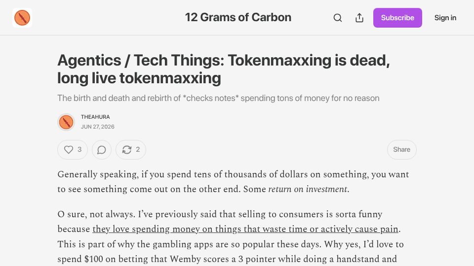 Screenshot of 12gramsofcarbon.com: Tokenmaxxing is dead, long live tokenmaxxing