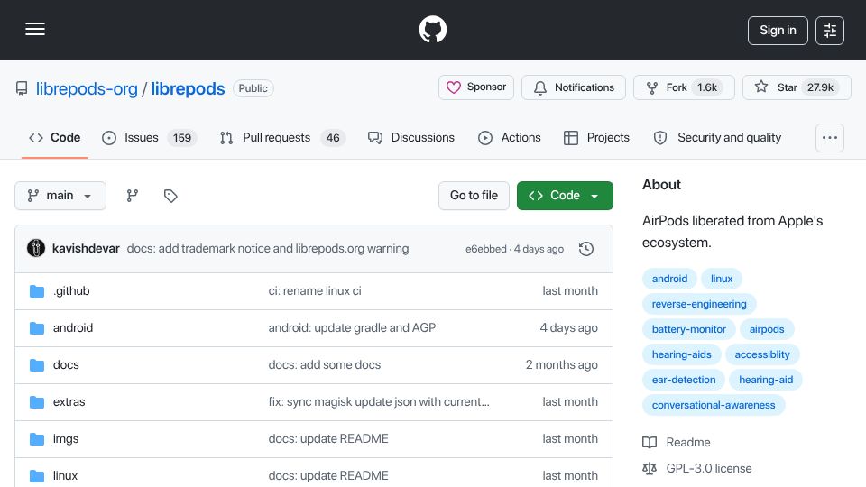 Screenshot of github.com: Librepods: AirPods liberated