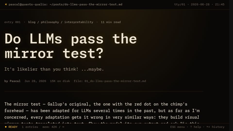 Screenshot of blog.pascalschuster.de: Do LLMs pass the mirror test?