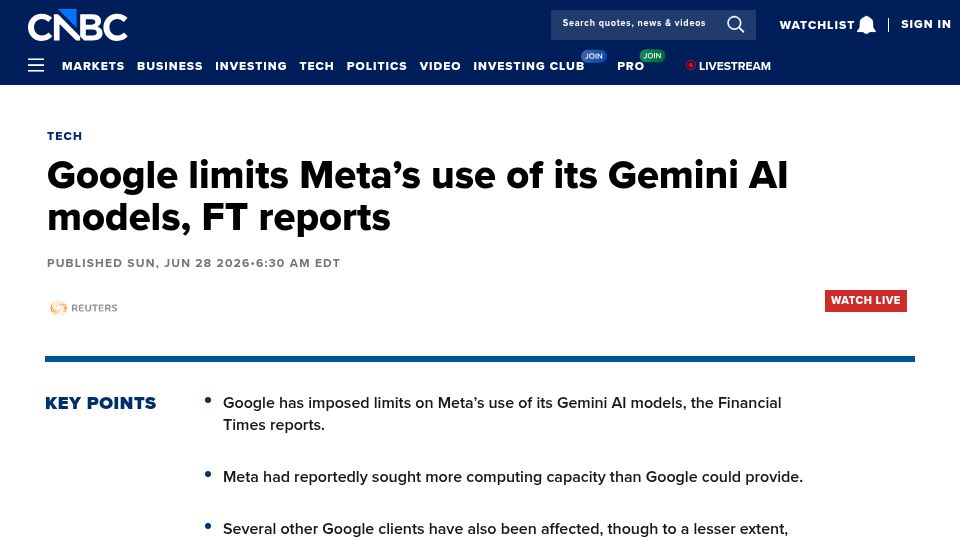 Screenshot of cnbc.com: Google limits Meta's use of its Gemini AI models