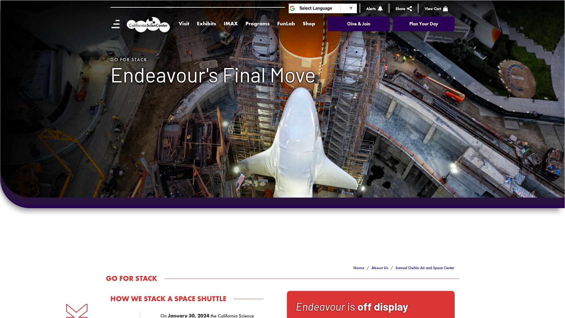 Screenshot of californiasciencecenter.org: Space Shuttle Endeavour's 20-story vertical display