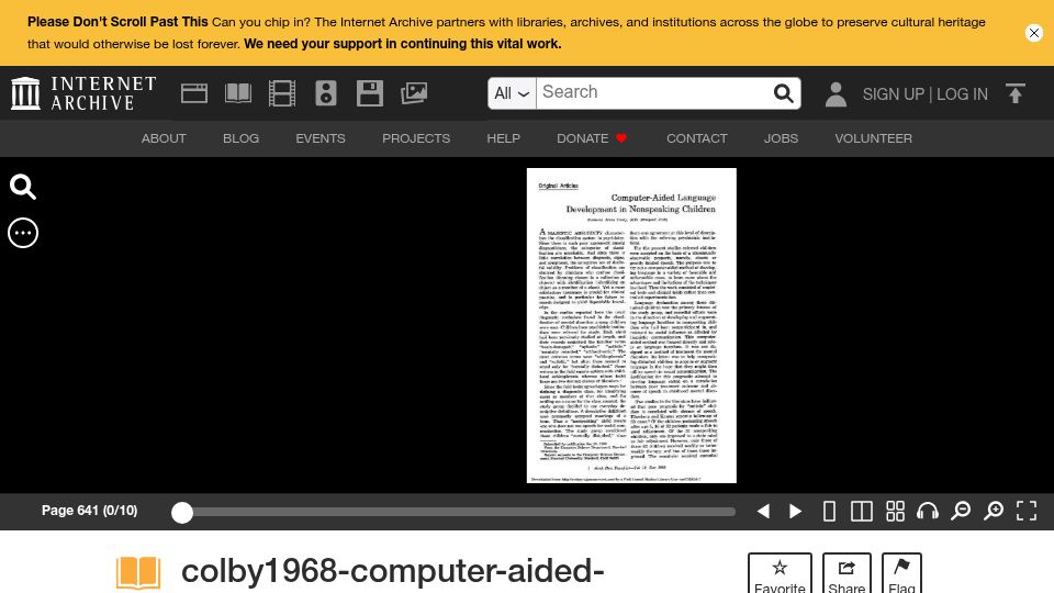 Screenshot of archive.org: Computer-Aided Language Development in Nonspeaking Children (1968) [pdf]