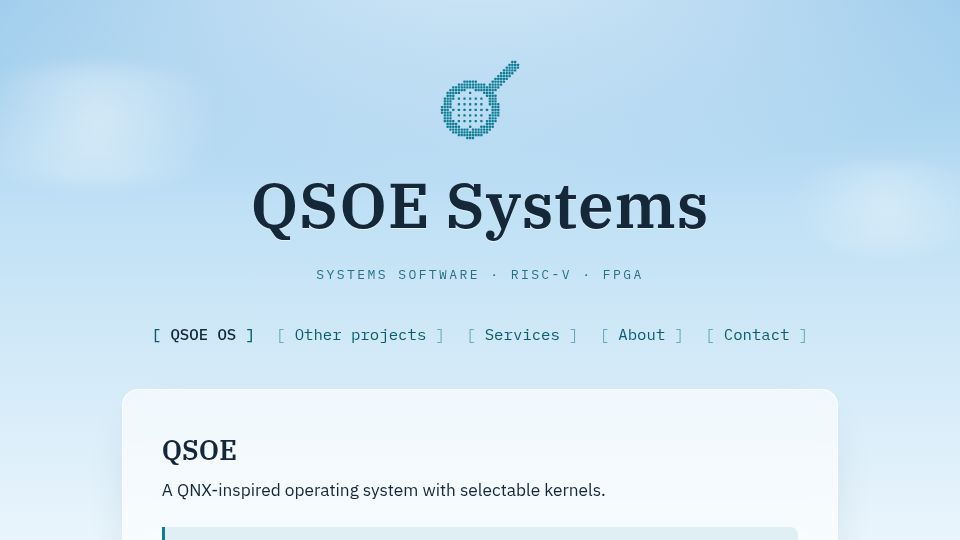 Screenshot of qsoe.net: A QNX-inspired operating system with selectable kernels