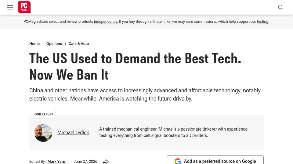Screenshot of pcmag.com: The US Used to Demand the Best Tech. Now We Ban It