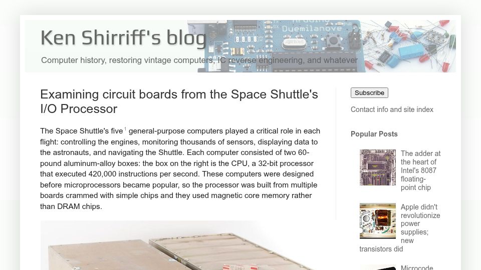 Screenshot of righto.com: Examining circuit boards from the Space Shuttle's I/O Processor